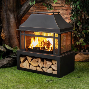 40 Inch Rectangular Outdoor Metal Wood Burning Fireplace with Log Storage and Poker - Melillo EnterprisesAll categories